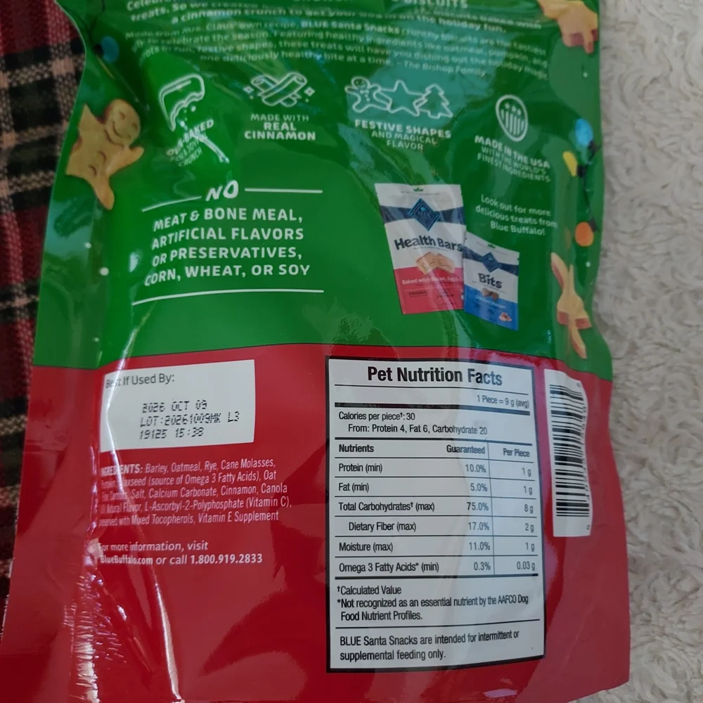 Red Plaid Bone Shaped Christmas Stocking and Blue Buffalo Dog Treats Snacks